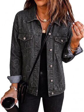 Womens Grey Button Down Oversized Coat Pockets Heart Star Denim Jean Jacket